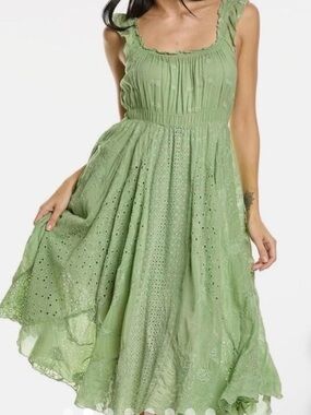 Johnny Was Sage Green Eyelet Cotton Midi Dress